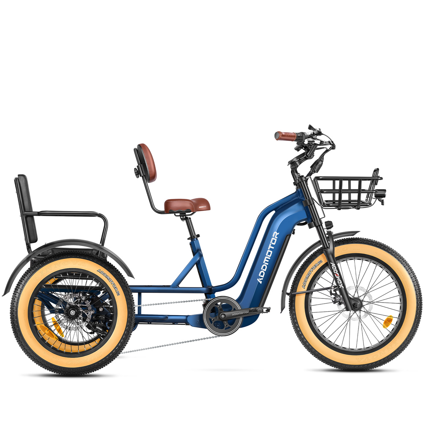 A blue adult electric trike with brown seats, a front basket, and three large wheels featuring yellow rims. The Addmotor - GreatTan L Dual-Battery tricycle has 'Addmotor' printed on the frame and includes a dual battery setup for extended rides.