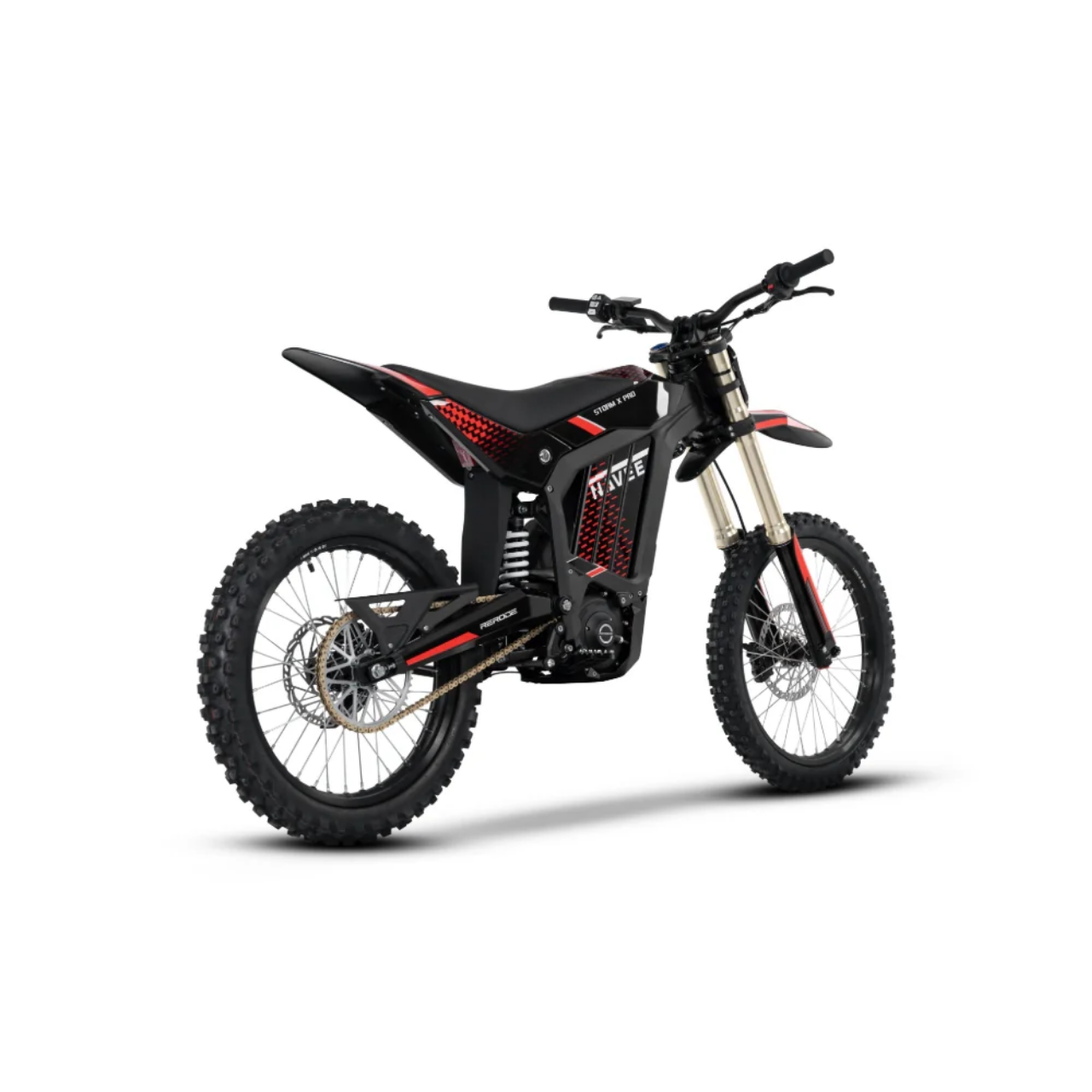The Navee Storm X Pro by Navee is a black and red electric dirt bike with knobby tires, front and rear suspension, minimalist design, and a powerful 17KW mid-drive motor for top off-road performance, shown on a white background.