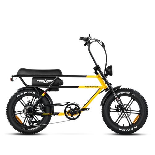 Addmotor - Chopptan M70 electric bicycle with fat tires and a long padded banana seat on a white background.