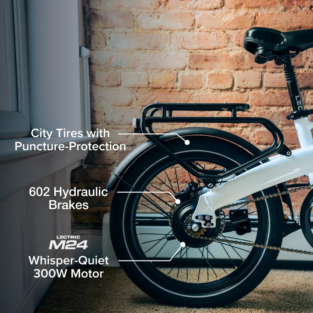Lectric XP Lite3 Arctic White motor, hydraulic brake and tire detail at Tampa Bay eBikes