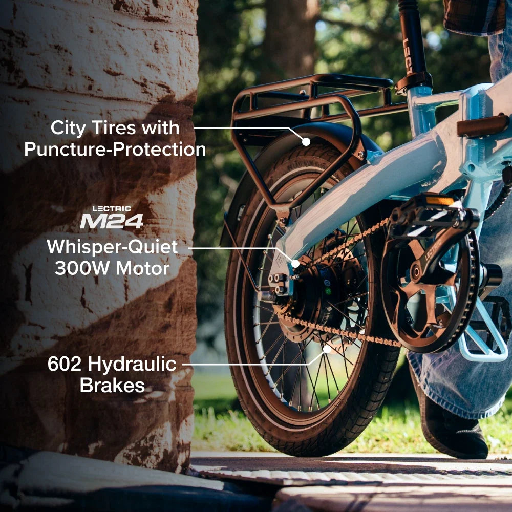 Lectric XP Lite3 Blue Mist motor, hydraulic brake and tire detail at Tampa Bay eBikes