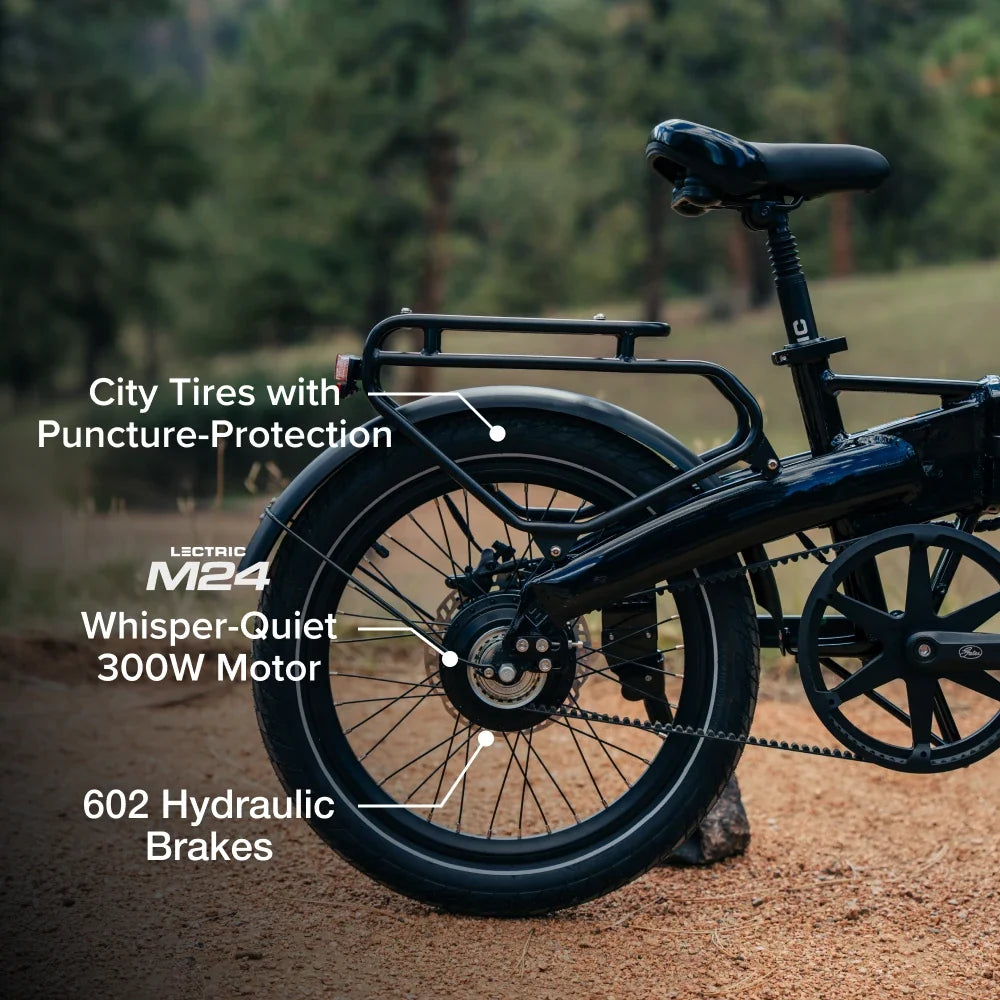 Lectric XP Lite3 JW Black motor, hydraulic brake and tire detail at Tampa Bay eBikes