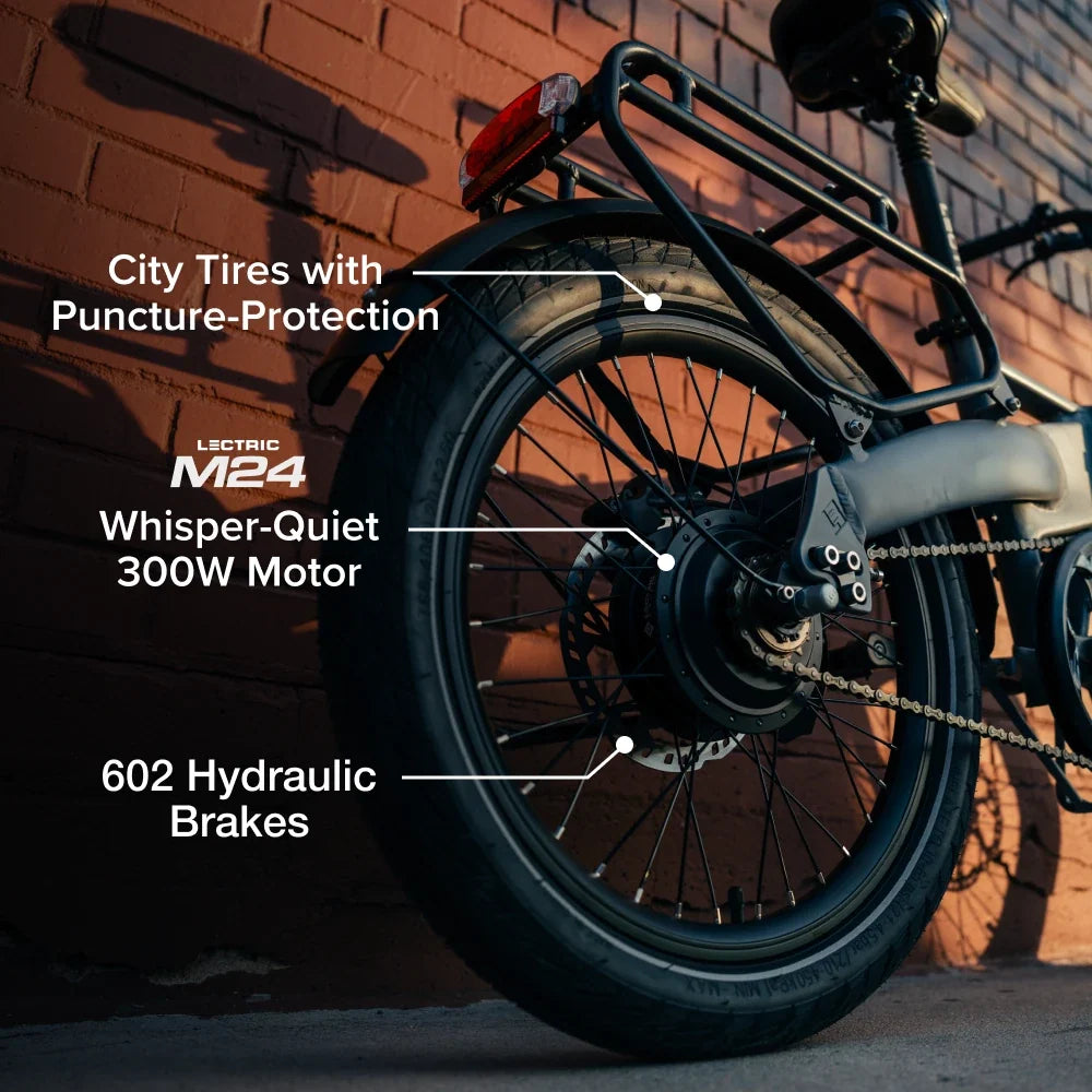 Lectric XP Lite3 Matte Grey motor, hydraulic brake and tire detail at Tampa Bay eBikes