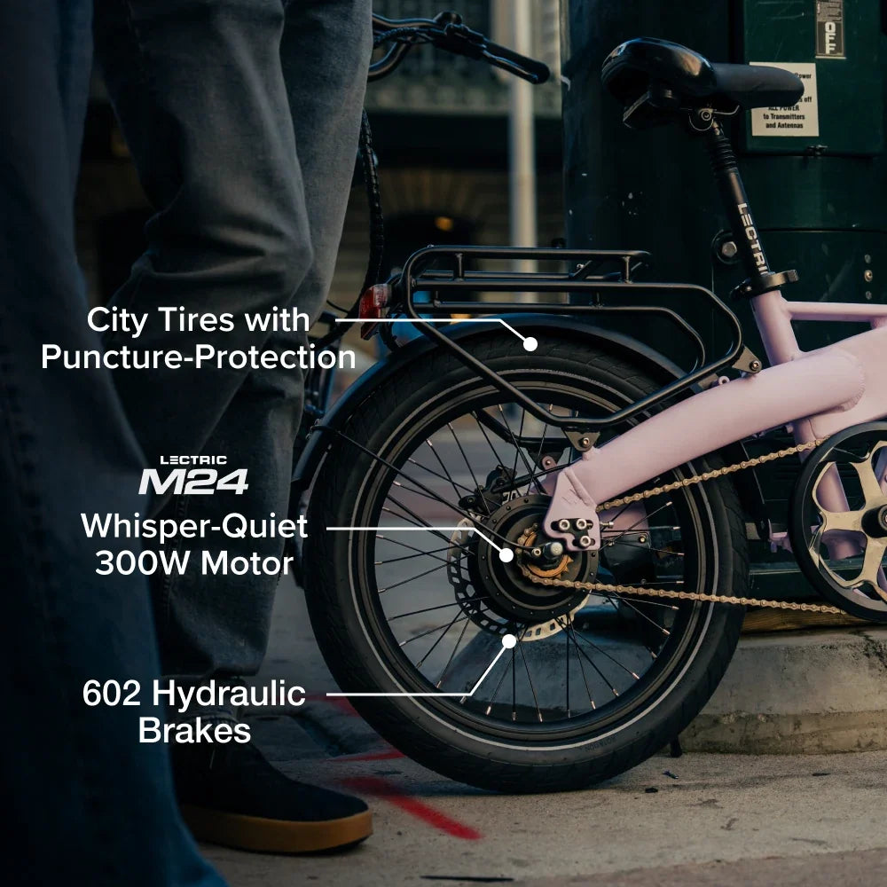 Lectric XP Lite3 Matte Lavender motor, hydraulic brake and tire detail at Tampa Bay eBikes