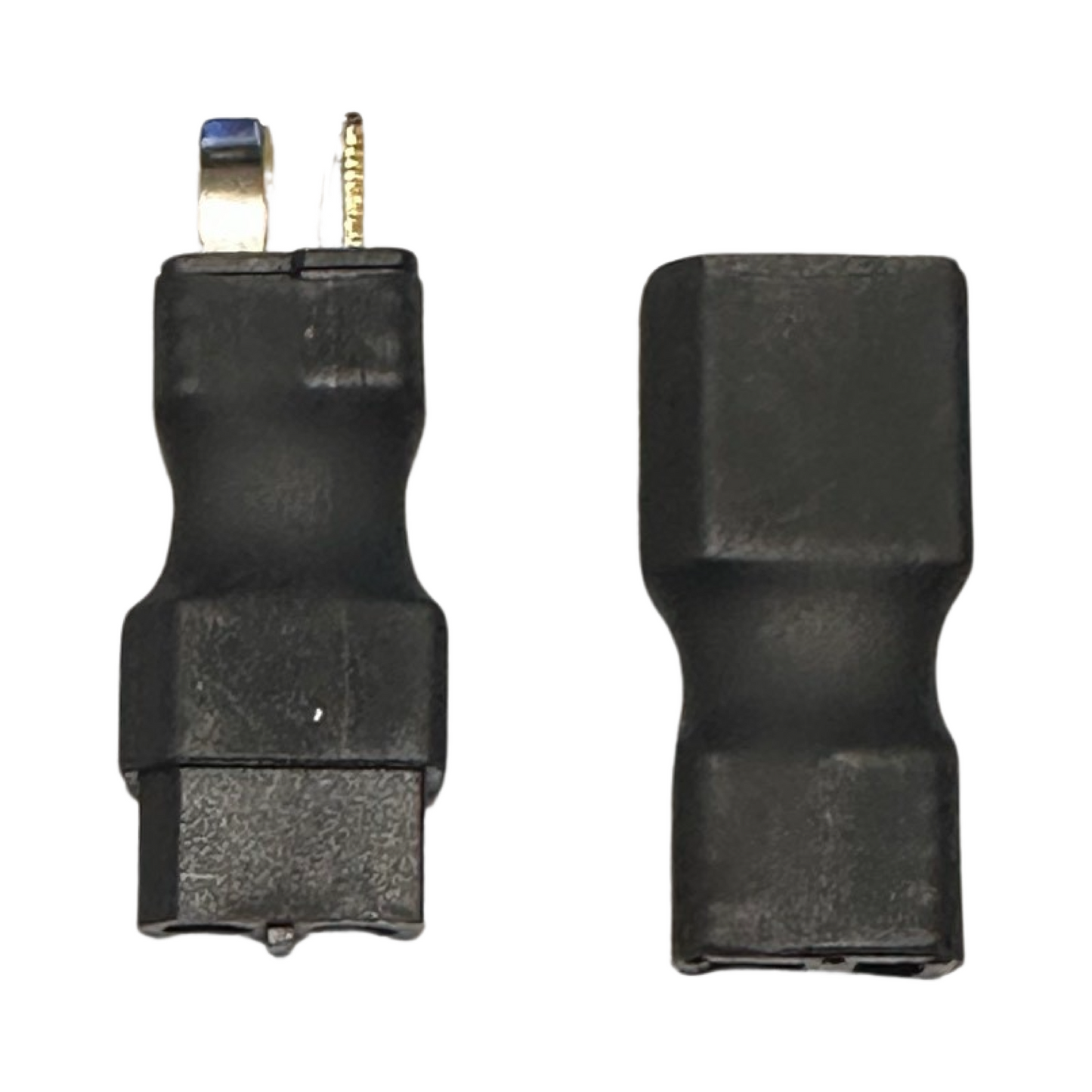 Two black adapters are shown, one with prongs and one with a socket, on a white background—perfect for use with the ElectricAllWheel 20A Universal Dual Battery Balancer Kit (Bullet, T-plug, XT60).