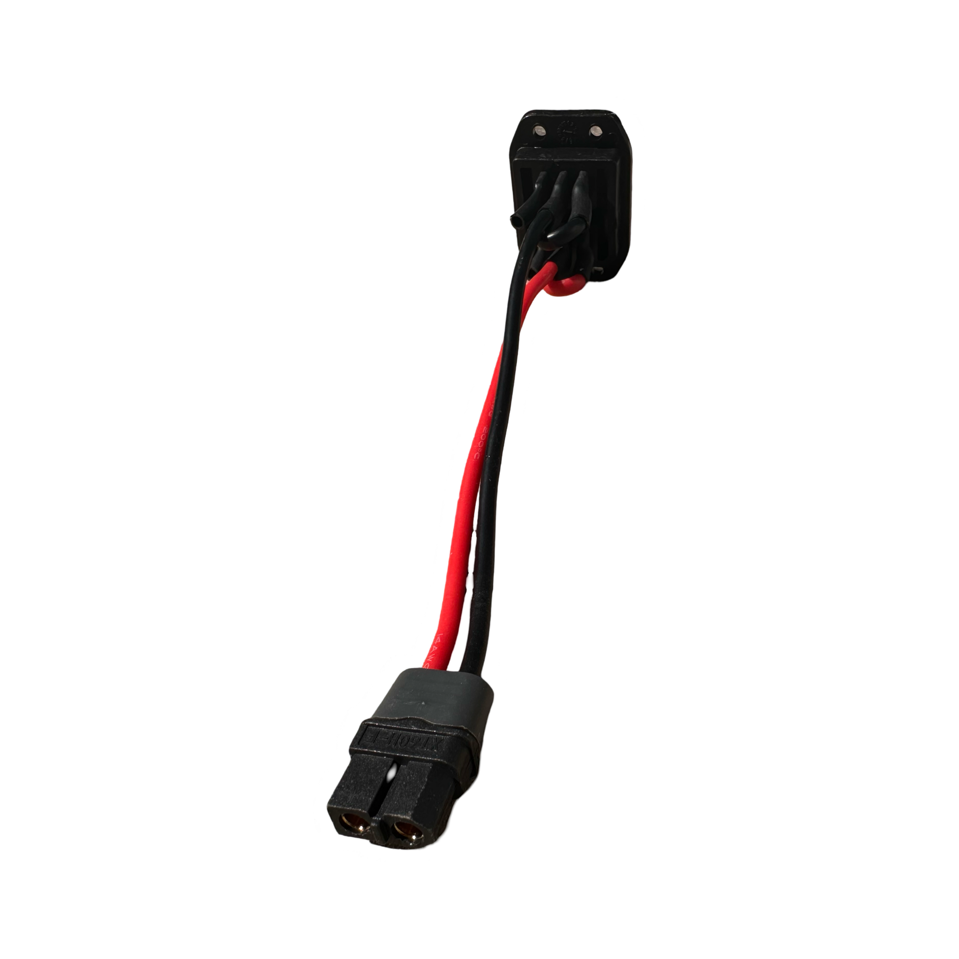 The ElectricAllWheel TFL 6-Pin XT60 Adapter features a black and red connector cable with paired 14AWG silicone wires, a rectangular XT60 plug, and an attached mounting plate.