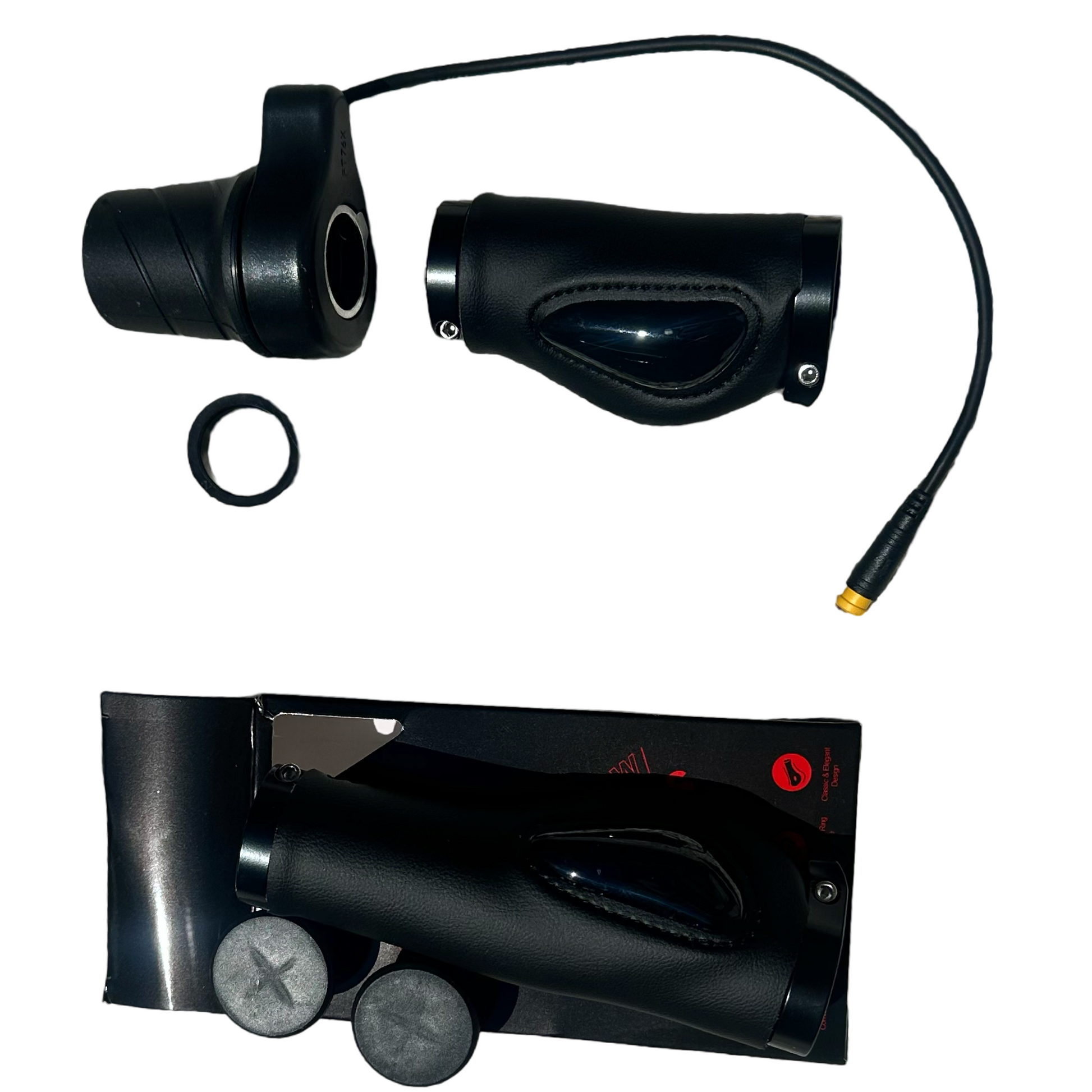 ElectricAllWheel Right Hand Half Grip Twist Throttle (Lectric/AIPAS Fit): ergonomic black grip with end plugs and a 3 pin Julet cable, compatible with Lectric harnesses. Includes packaging and round accessories for a complete upgrade.