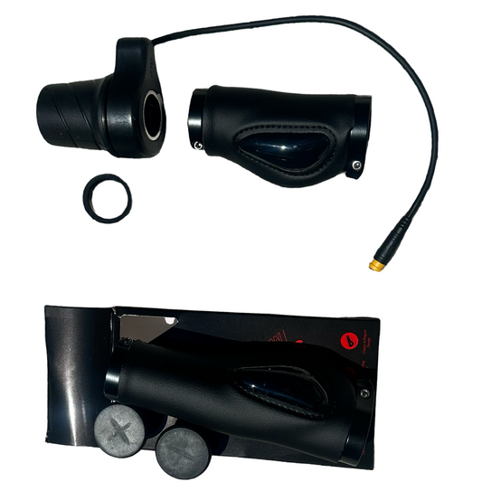 ElectricAllWheel Right Hand Half Grip Twist Throttle (Lectric/AIPAS Fit): ergonomic black grip with end plugs and a 3 pin Julet cable, compatible with Lectric harnesses. Includes packaging and round accessories for a complete upgrade.