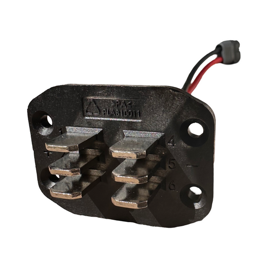 Close-up of an ElectricAllWheel TFL 6-Pin XT60 Adapter, featuring a black connector with protruding socket and 14AWG red and black silicone wires, isolated on white.