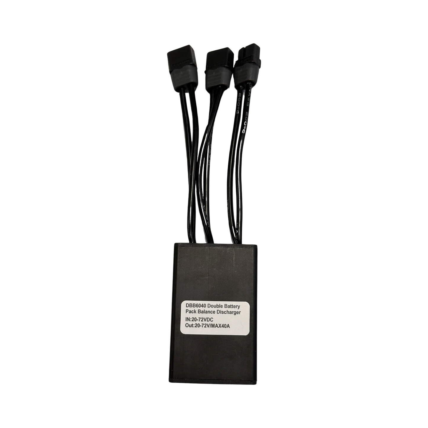The ElectricAllWheel 40A Universal Dual Battery Balancer Kit (Bullet, T-plug, XT60) is a plug-and-play PCB with three black cables and connectors, plus a white label showing specs—perfect for e-bikes or dual battery setups.