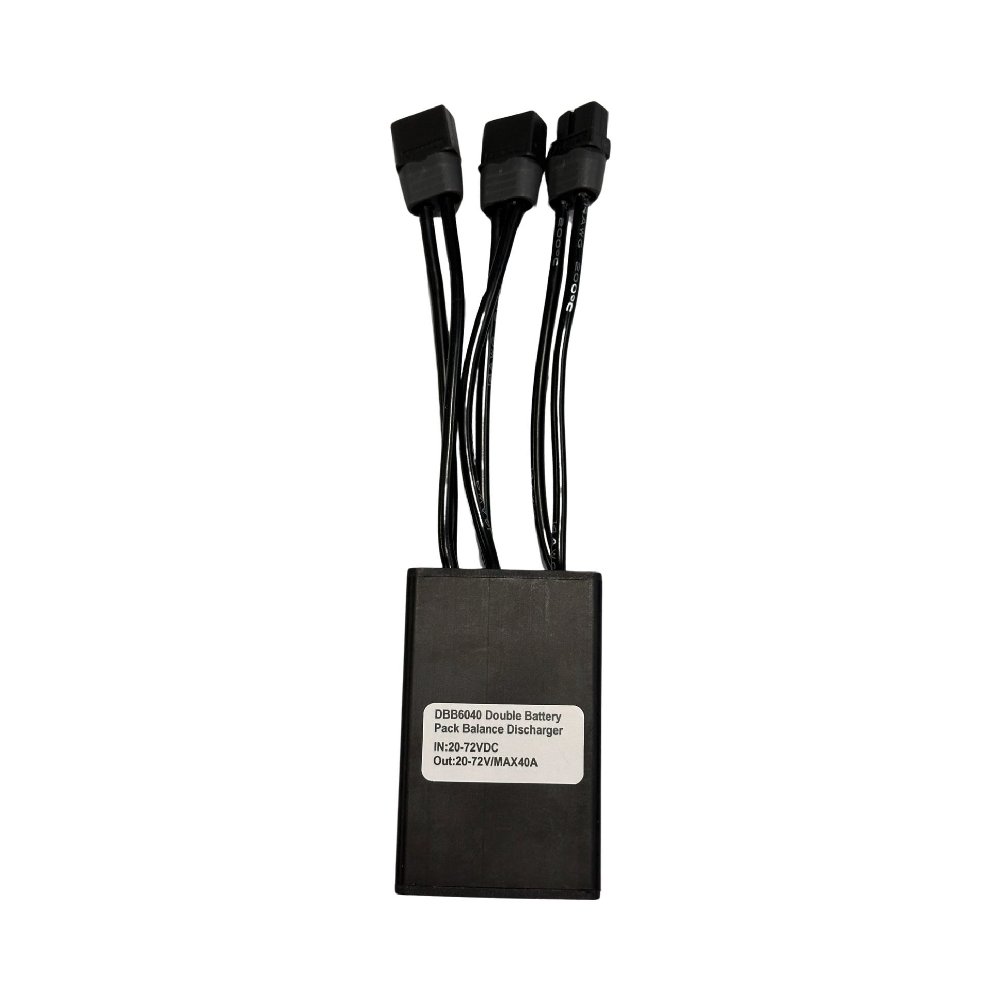 The ElectricAllWheel 40A Universal Dual Battery Balancer Kit (Bullet, T-plug, XT60) is a plug-and-play PCB with three black cables and connectors, plus a white label showing specs—perfect for e-bikes or dual battery setups.