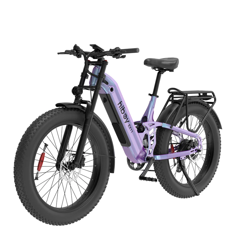The Hiboy EX11 is a lavender commuter e-bike featuring a rear cargo rack, front suspension fork, and mid-frame battery, shown from the front angle.