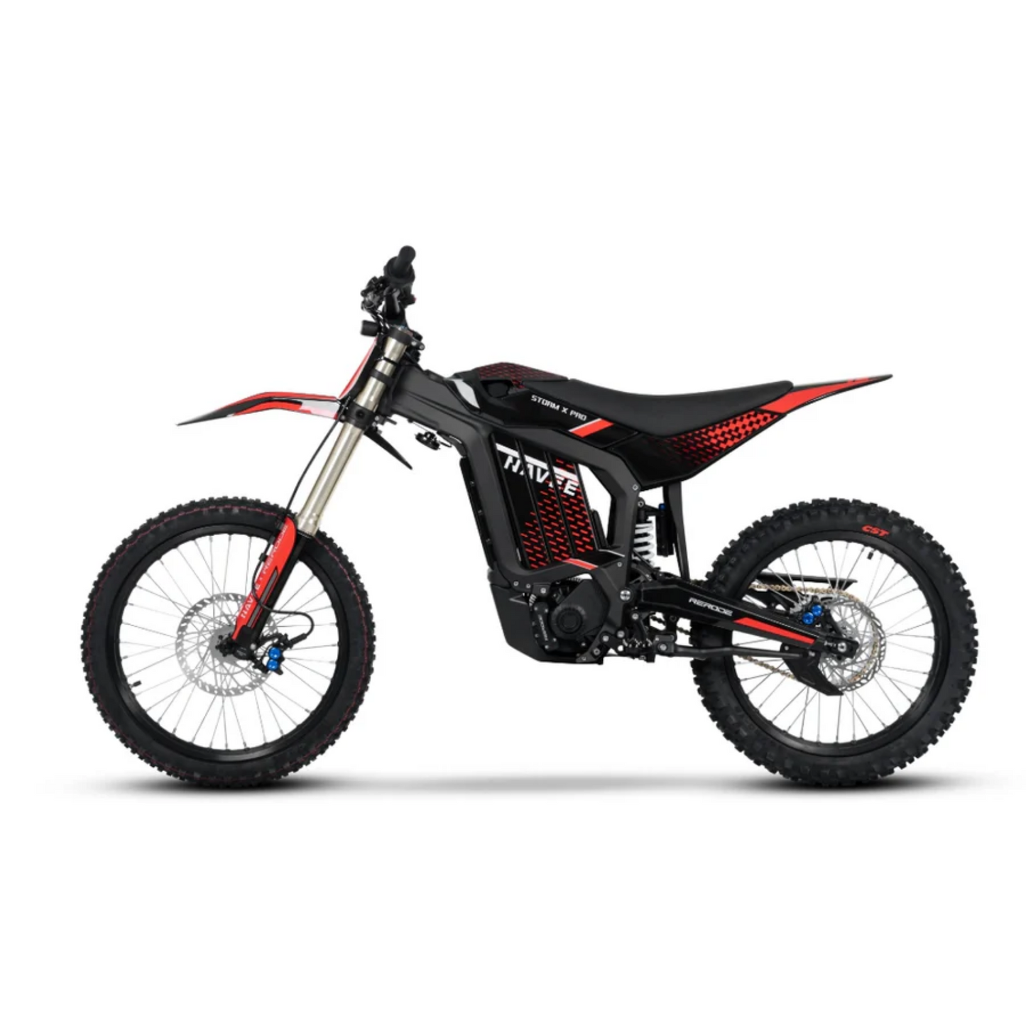 The Navee Storm X Pro by Navee is a black and red electric dirt bike with a 17KW mid-drive motor, off-road tires, and a slim frame, shown in profile on a white background.