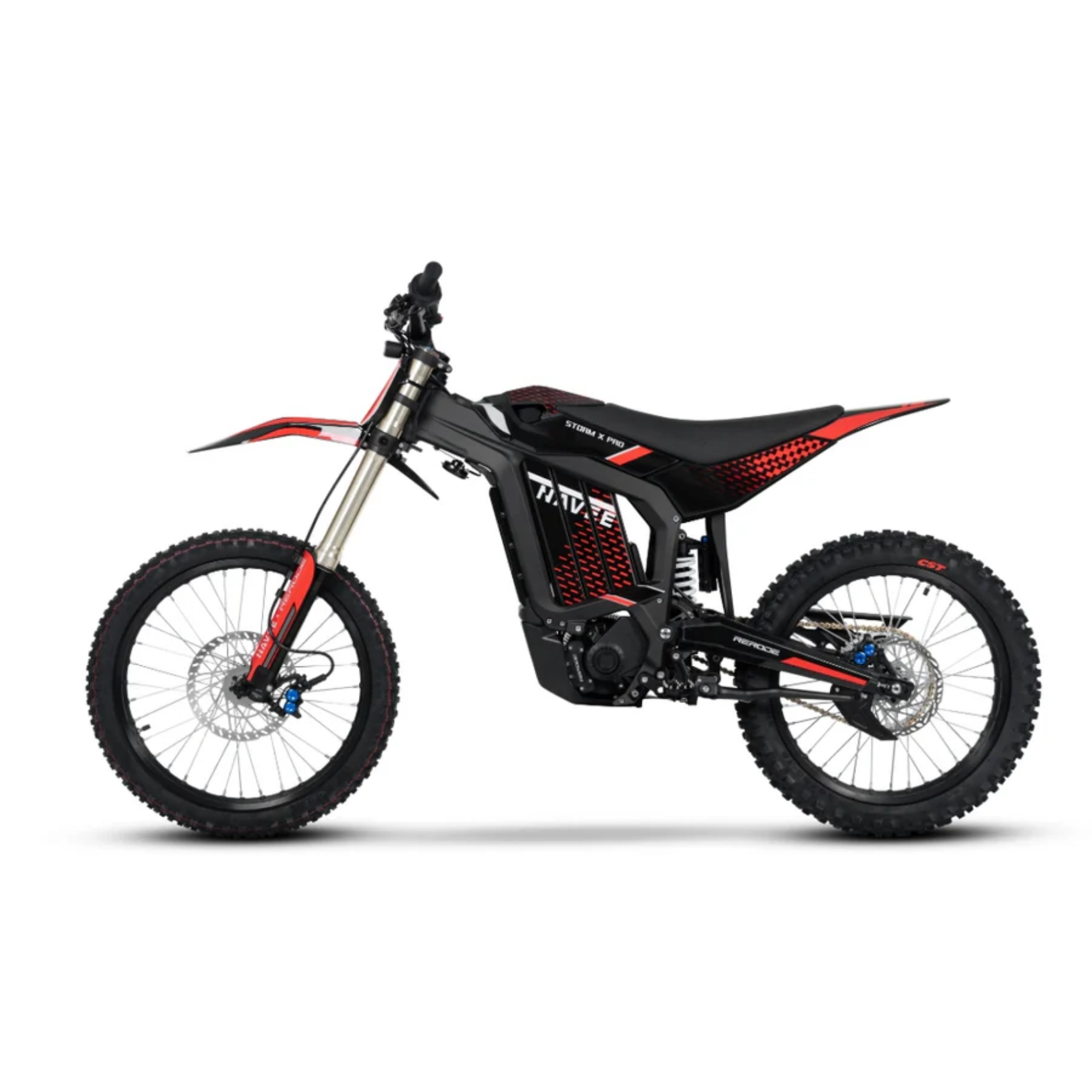 The Navee Storm X Pro by Navee is a black and red electric dirt bike with a 17KW mid-drive motor, off-road tires, and a slim frame, shown in profile on a white background.
