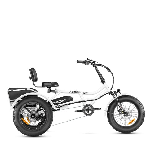 Addmotor - ARISETAN II M-360 Mini Semi-Recumbent Trike with a rear cargo basket on a white background.