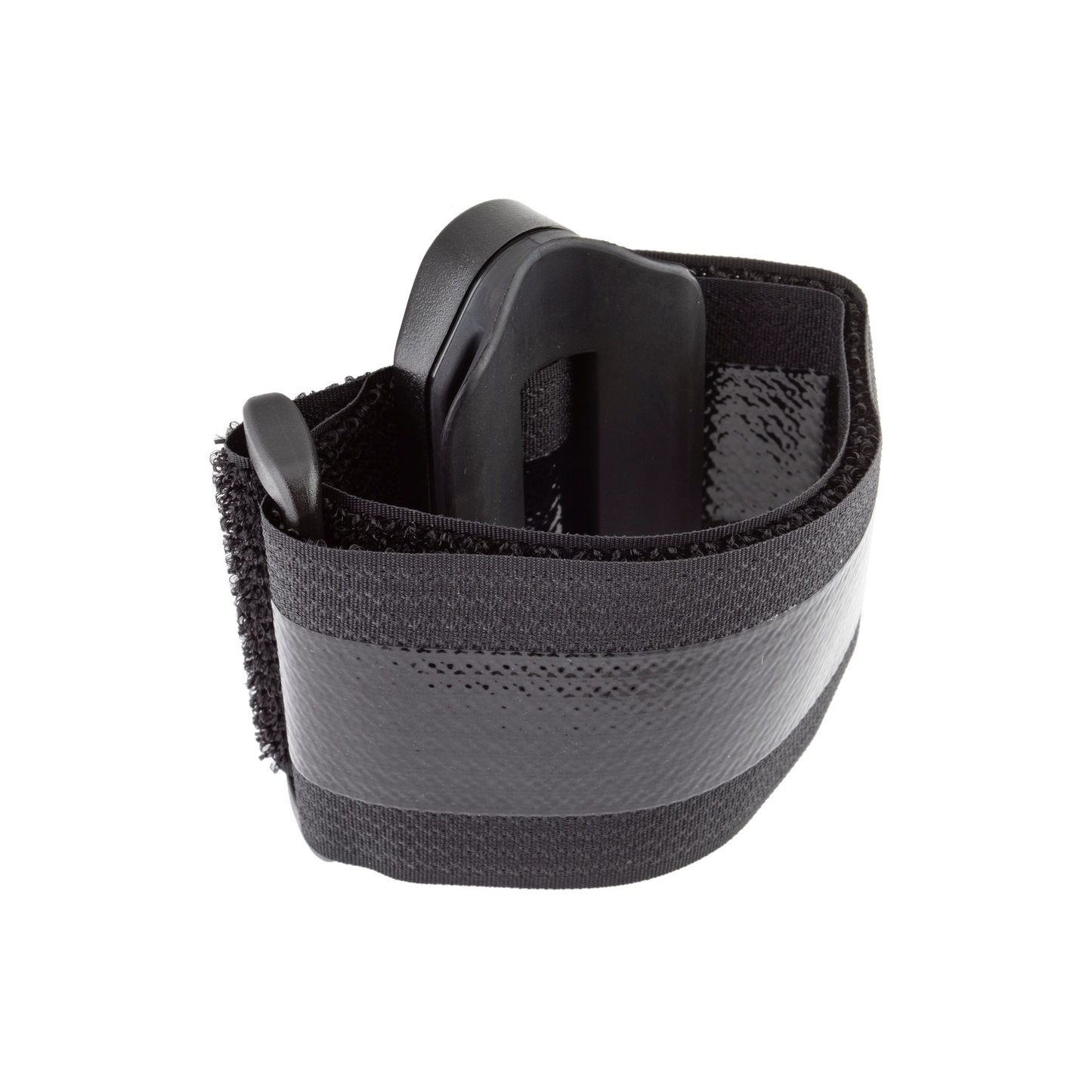 Close-up of a black wrist strap with a plastic clip attached, commonly used for securing devices or accessories, similar to the Adjustable Drink Holder Velcro Adapter - BIKASE Anywhere by Bikase found on Tampa Bay eBikes.