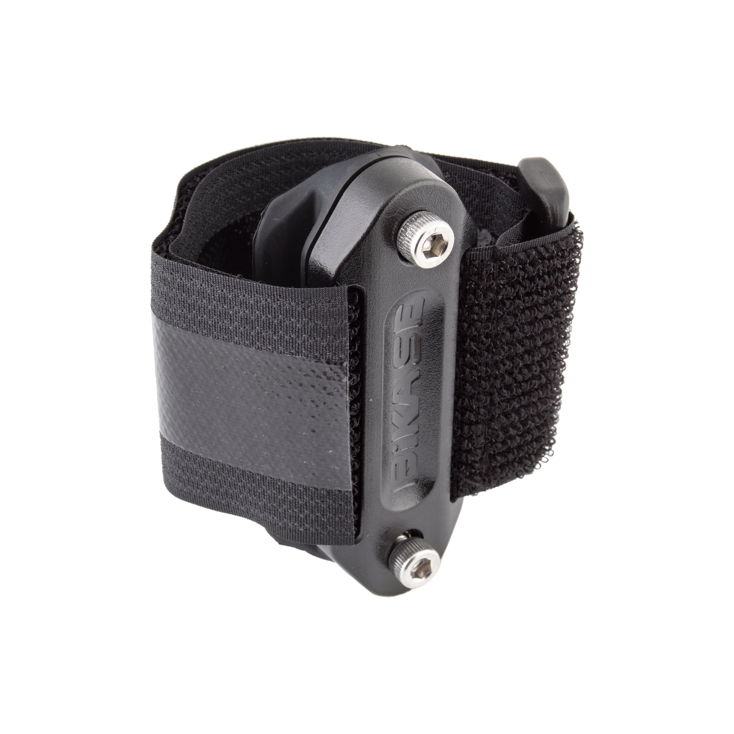 An Adjustable Drink Holder Velcro Adapter from Bikase in black and grey, featuring a securing mechanism, adjustable Velcro closure, and convenient compatibility with the BIKASE Anywhere Cage.