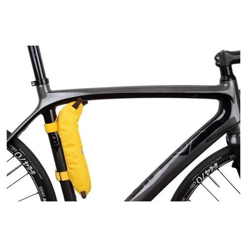 A sleek black bicycle frame features a vibrant yellow Snack Bag - Banana frame bag attached to the seat tube, adding color and convenience to your ride.
