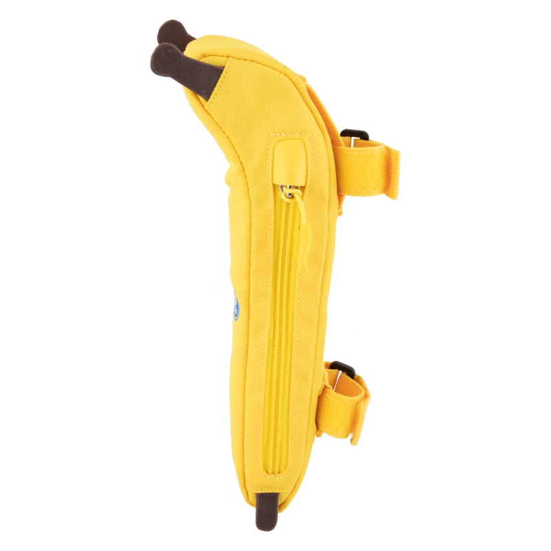 The "Bag - Banana" by Snack is a yellow, banana-shaped pencil case with brown ends, featuring a zipper closure and adjustable side straps—ideal for carrying essentials with a playful twist.