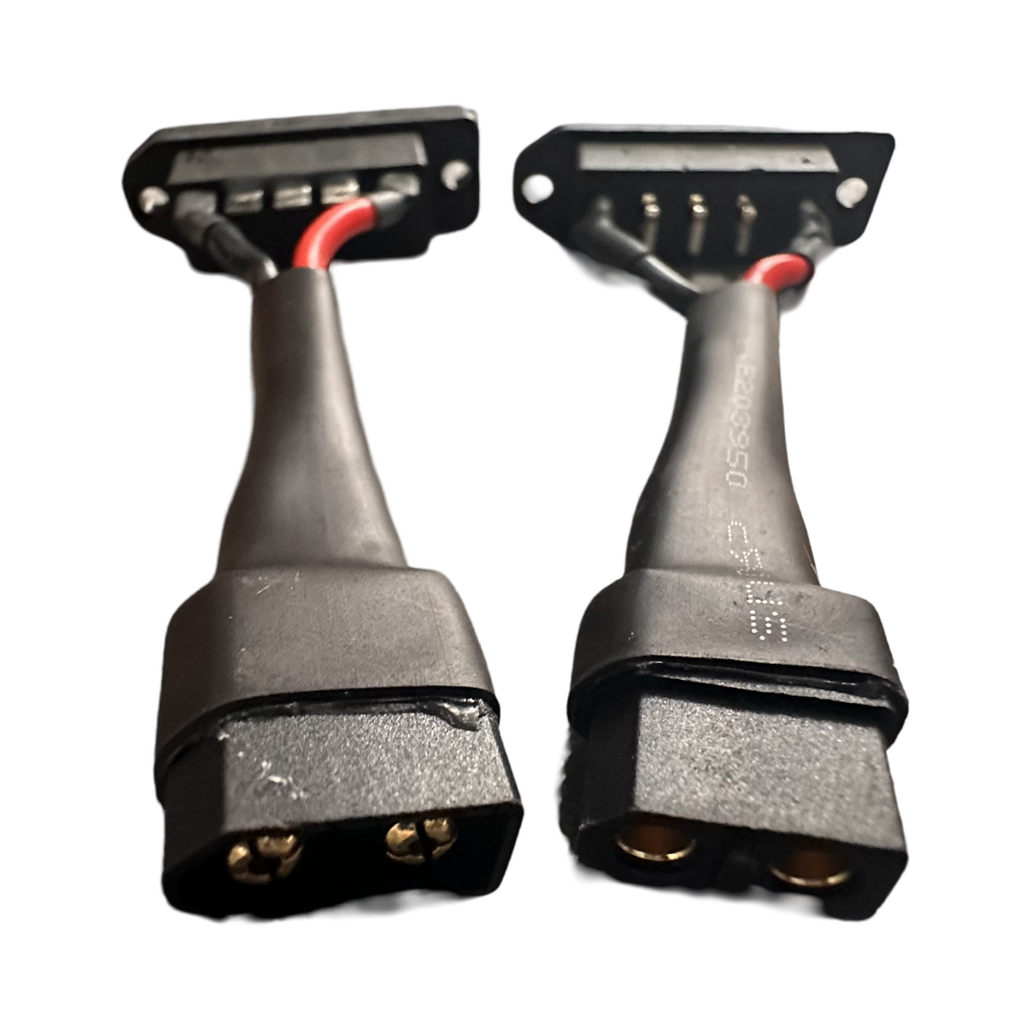 Two ElectricAllWheel QPES-5-F/M to XT60 Adapters with 14AWG silicone wires, each with a rectangular plug, mounting plate, and screw holes, shown against a white background.