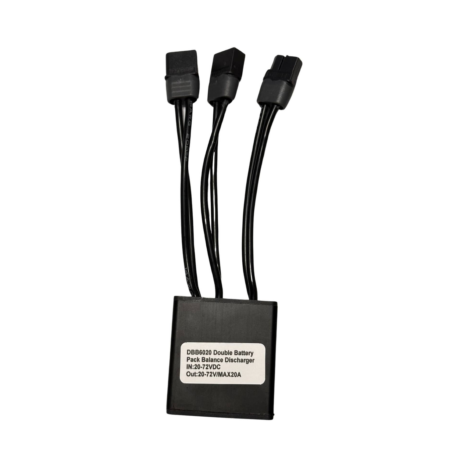 The ElectricAllWheel 20A Universal Dual Battery Balancer Kit (Bullet, T-plug, XT60) includes three connector cables and a white technical label—perfect for any plug and play e-bike or electric bike battery kit.