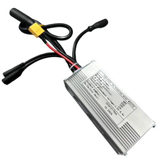 The ElectricAllWheel Replacement Controller (Throttle Unlocked) for Lectric XP 3.0 is a silver rectangular 48V brushless motor controller with black, red, and yellow cables—ideal as a replacement or aftermarket controller.