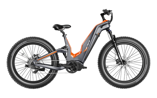 Orange and black HeyBike - Hero electric mountain bike positioned on a clear background, featuring fat tires and a mid-frame battery.