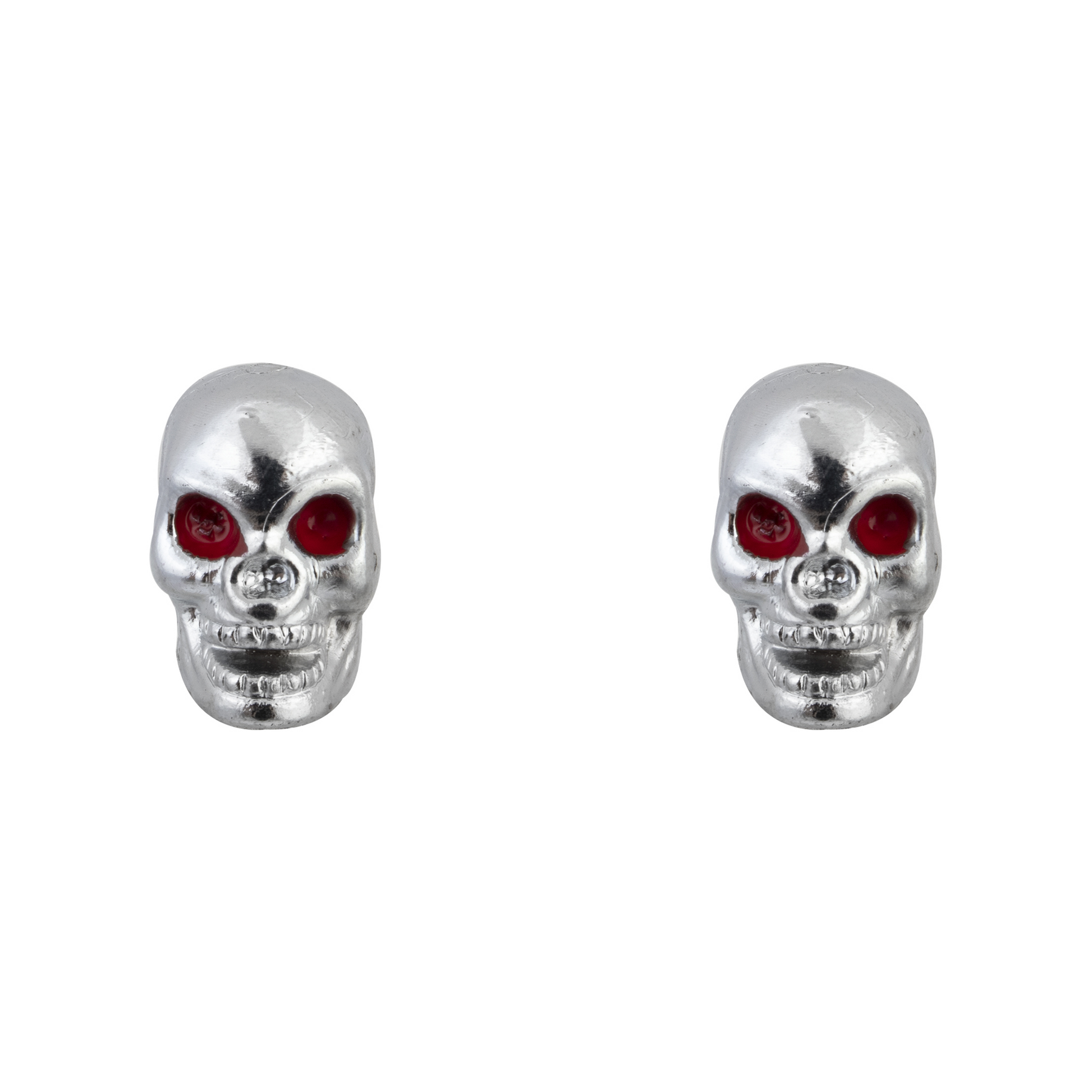 A pair of Copy of Trik Topz - Silver Skulls with red eyes.