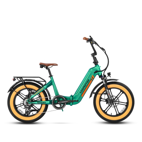 Addmotor Foldtan M-160 foldable electric bicycle with built-in battery pack, green frame, and yellow tires on a white background.