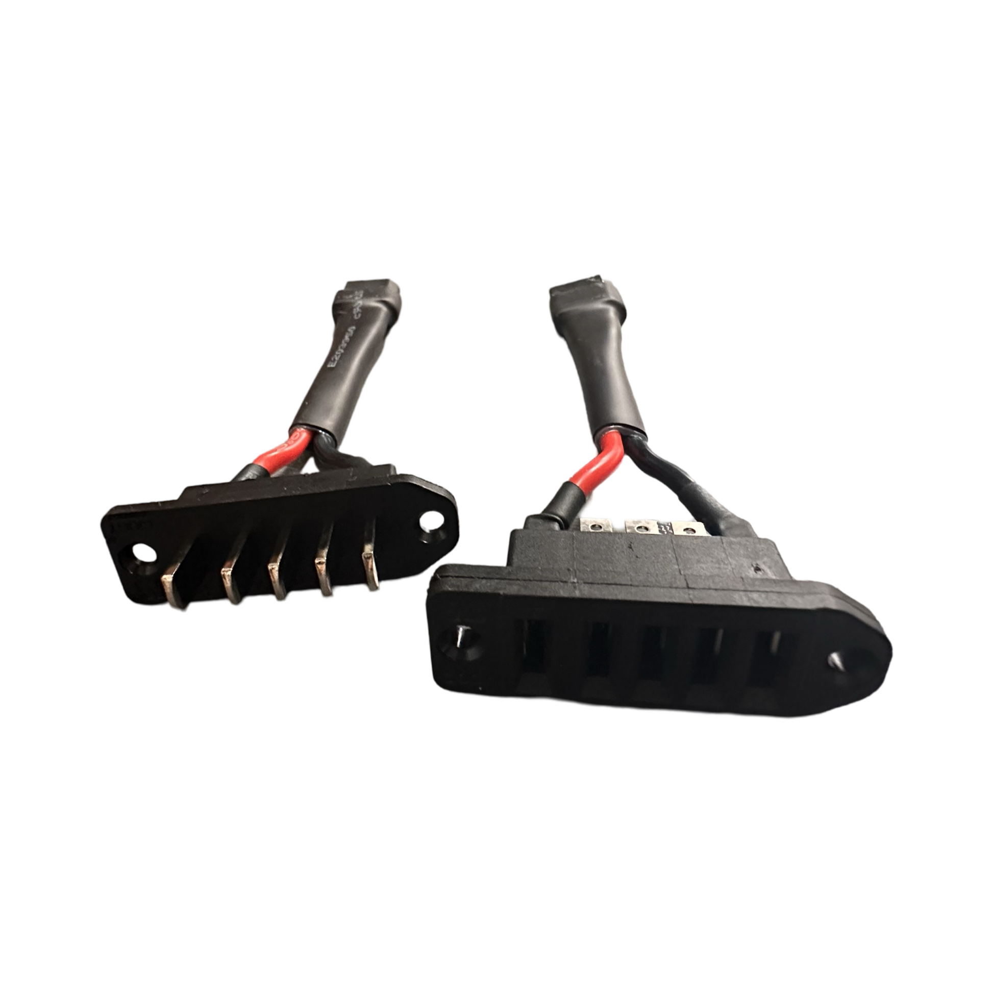 Two ElectricAllWheel QPES-5-F/M to XT60 adapters with black XT60 connectors, three metal pins, and 14AWG black/red silicone wires are shown on a white background.
