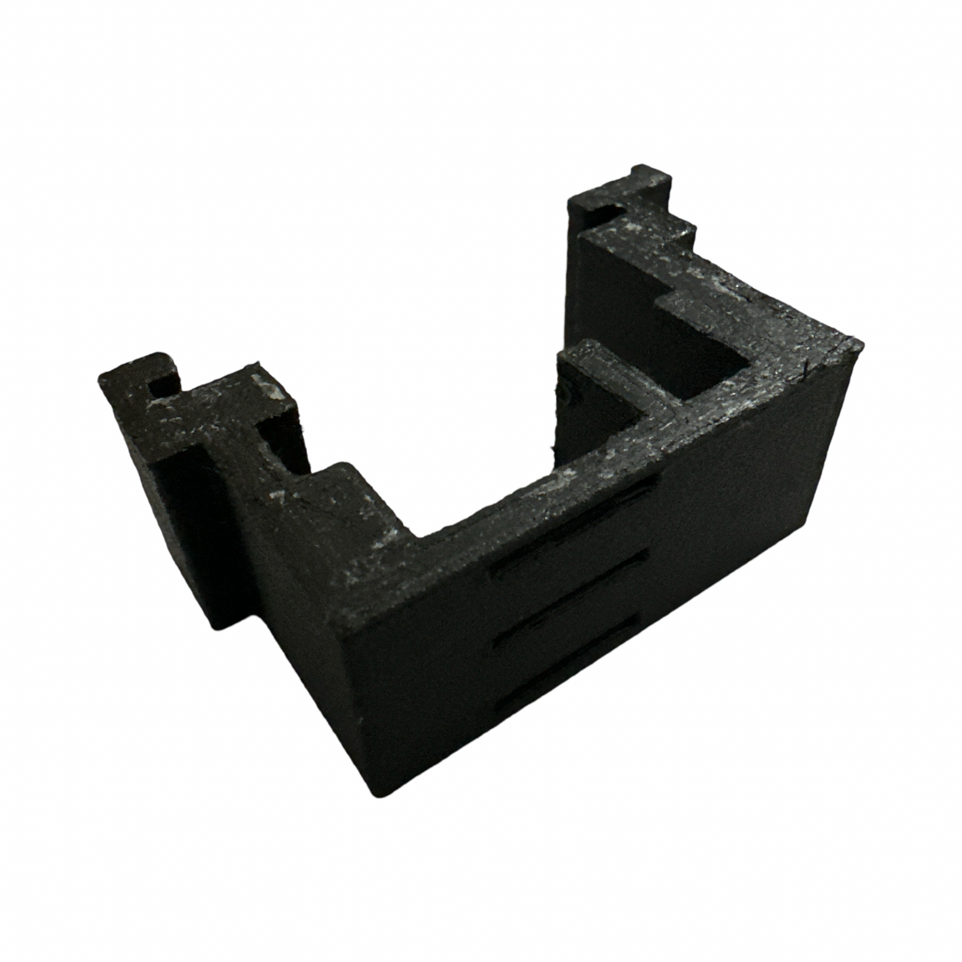 The ElectricAllWheel Factory External Battery XT60 Adapter (Lectric Fit 1.0, 2.0, 3.0, lite) is a black L-shaped plastic or metal bracket with notches and cutouts designed for e-bike battery connection, shown on a white background.
