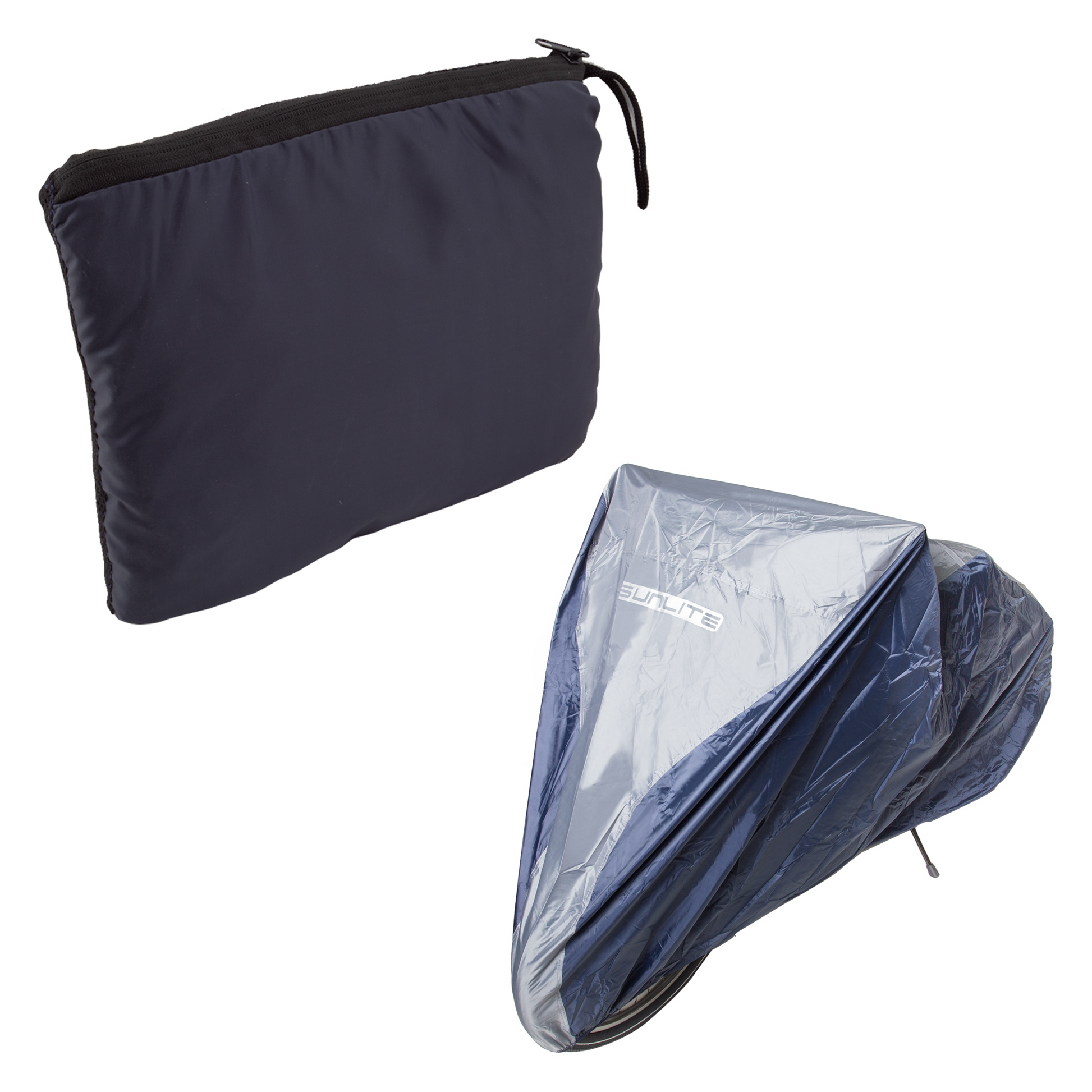 A Sunlite - Pro Nylon Bike Cover made of coated polyester and a bag with a zipper.