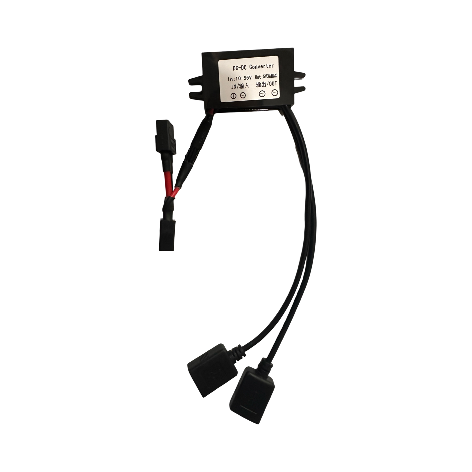ElectricAllWheel USB Accessory Adapter (DC-DC Converter) with 10-55V input and 5V 3A max output, shown with cables on a white background.