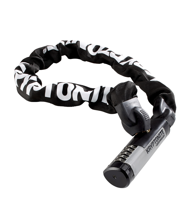 A sturdy Kryptonite Kryptolok 990 security level chain lock with a black and white fabric sleeve and solid manganese steel chain links.