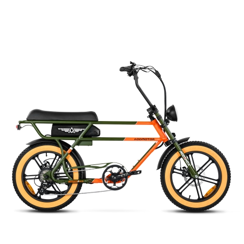 Addmotor - Chopptan M70 folding electric bicycle with yellow tires isolated on a white background, featuring a long padded banana seat.