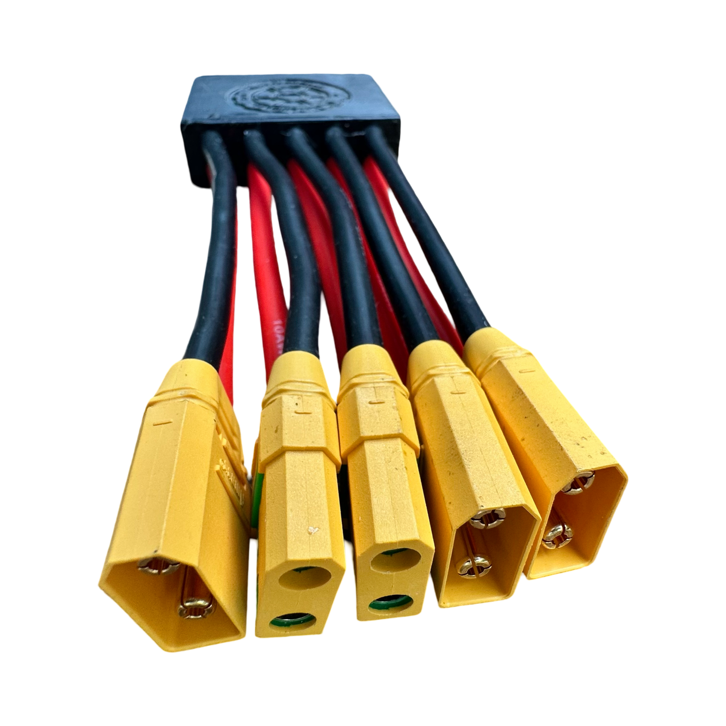 The ElectricAllWheel DateX2 Dx3 60A (90A Max) Universal Triple Battery Dual Output Discharge Balancer features five yellow XT60 connectors with black and red wires, ideal for electric bike battery combining.