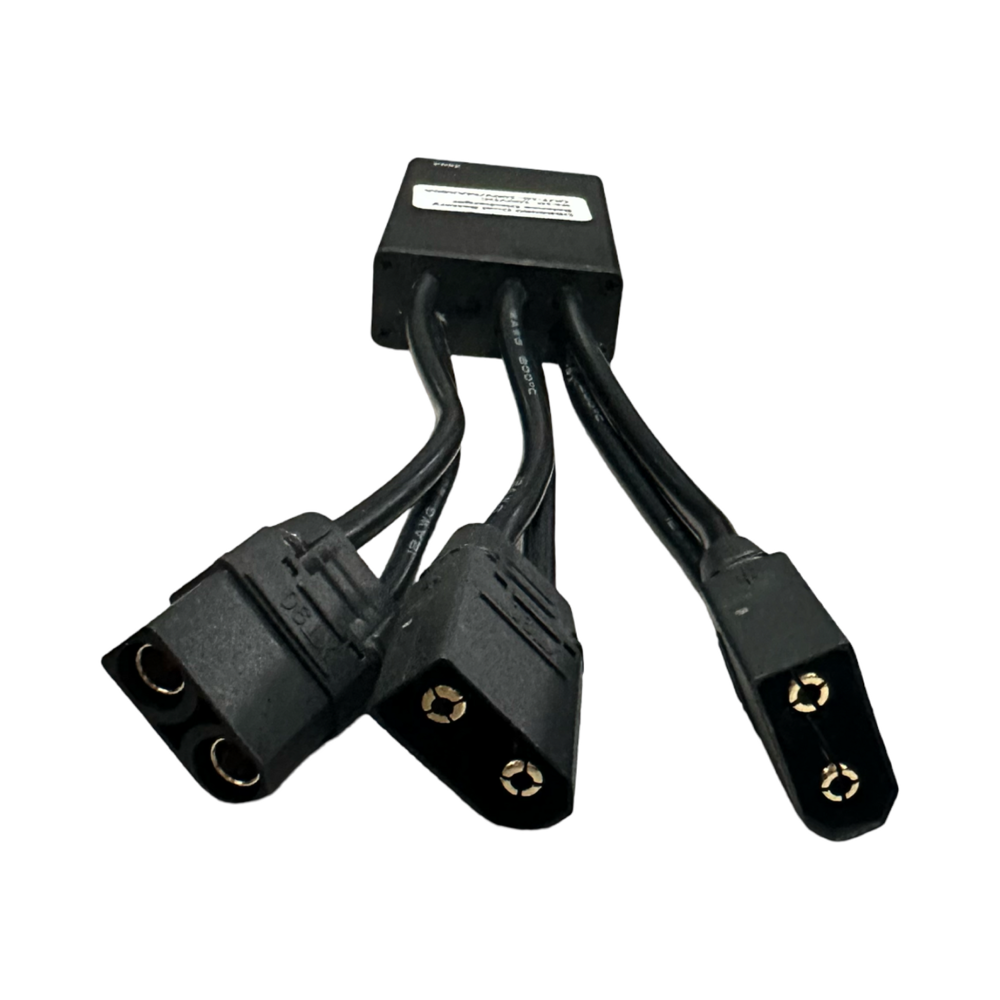 The ElectricAllWheel 60A Dual Battery Discharge Balancer Kit (12AWG, XT90, XT90-XT60 Adapters M/F) is shown on a white background. Its black splitter cable lets you easily extend e-bike range or connect dual batteries with three-prong outputs.