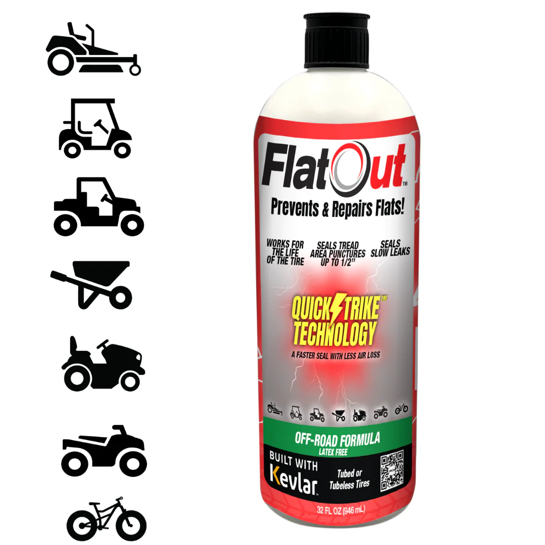 Introducing the Multi Seal FlatOut - QuickStrike Off-Road 32oz tire sealant, designed specifically for off-road use and built with Kevlar fibers. This versatile product works great for ATVs, tractors, trucks, and bikes, effectively preventing and repairing tire flats.