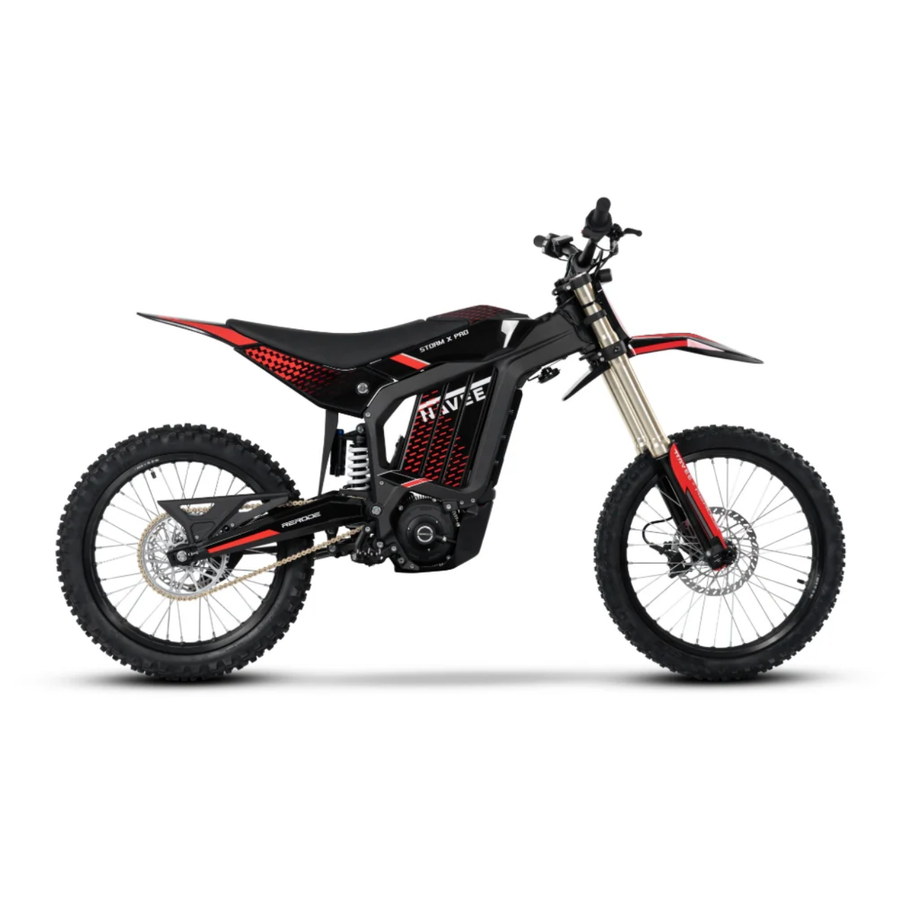 Side view of the Navee Storm X Pro by Navee, a black and red electric dirt bike featuring a 17KW mid-drive motor, knobby tires, suspension forks, and a minimalist frame for top off-road performance.
