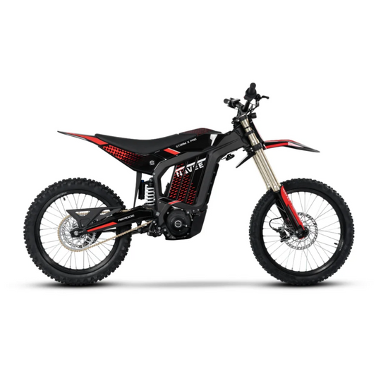 Side view of the Navee Storm X Pro by Navee, a black and red electric dirt bike featuring a 17KW mid-drive motor, knobby tires, suspension forks, and a minimalist frame for top off-road performance.