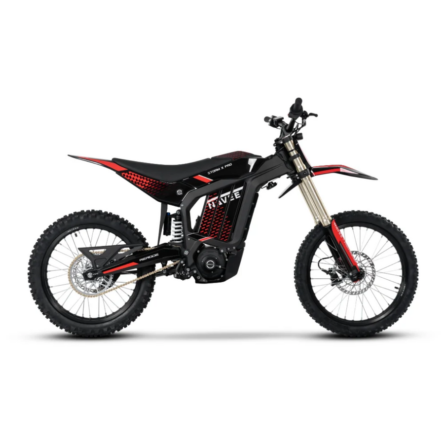 Side view of the Navee Storm X Pro by Navee, a black and red electric dirt bike featuring a 17KW mid-drive motor, knobby tires, suspension forks, and a minimalist frame for top off-road performance.
