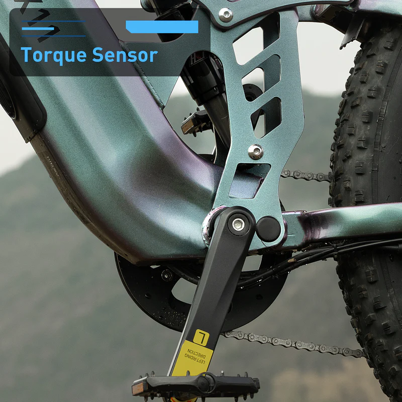 Close-up of the Hiboy - EX11 pedal and frame, showing the torque sensor feature with a label, set against a mountain backdrop.