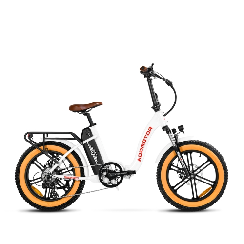 Addmotor - Foldtan M-140 ebike with orange tires against a white background.
