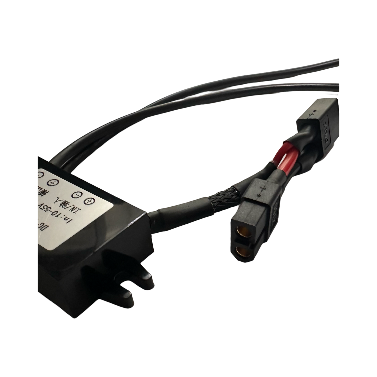 Close-up of the ElectricAllWheel USB Accessory Adapter (DC-DC Converter, 10-55V to 5V 3Amax) with attached cables and XT60 connector on a white background.