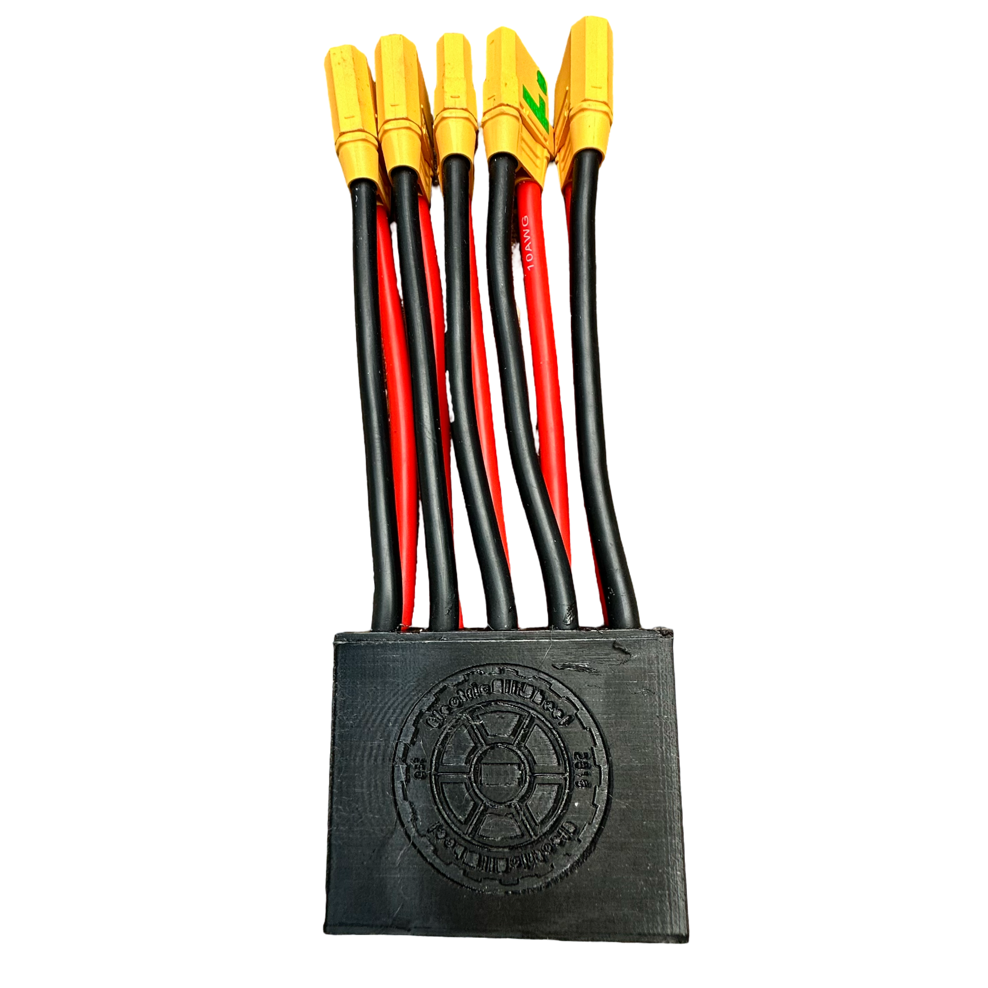The ElectricAllWheel DateX2 Dx3 60A (90A Max) Universal Triple Battery Dual Output Discharge Balancer is a black connector block with six pairs of red/black wires and yellow XT60 connectors—perfect for e-bike battery combining or balancing.