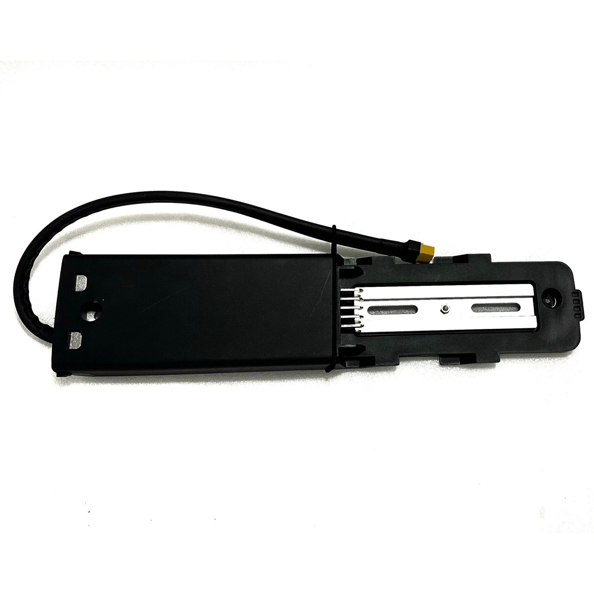 ElectricAllWheel Battery Mounting Plate (Haichuang to XT60): rectangular black component with a protruding cable and XT60 connector, shown against a white background.