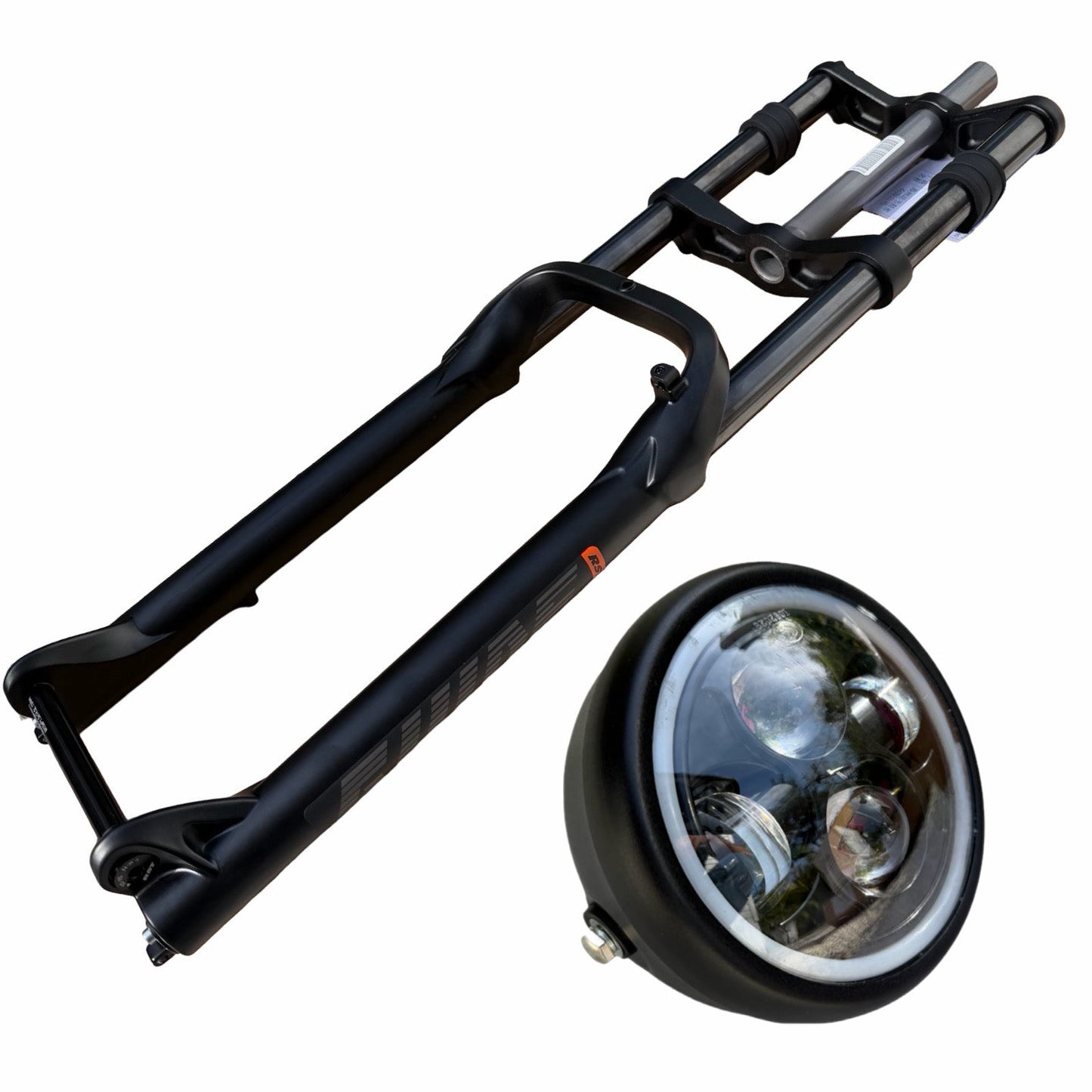 ElectricAllWheel’s RST Guide Dual Crown Fork (26” Fat Tire) and Motorcycle Style LED Headlight Kit (12V, 2-pin Julet) are shown—ideal front-end upgrade components for your fat tire electric bike.