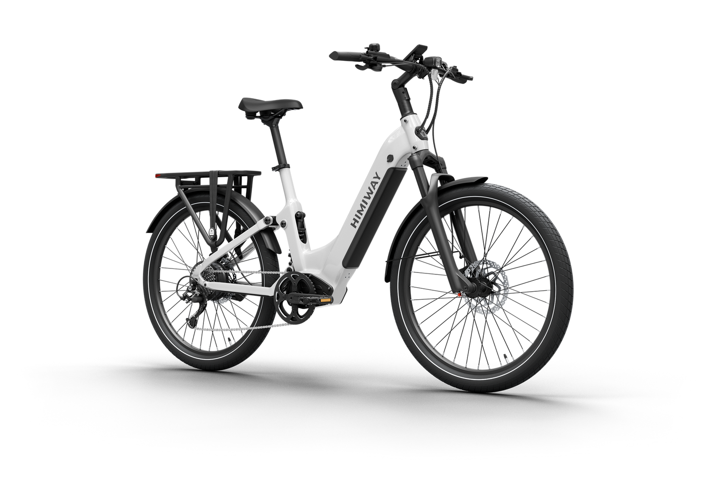 The Himiway - A7 Electric Bike, featuring a white step-through frame and 500W hub motor, includes a long-range battery, rear cargo rack, and front suspension fork, elegantly displayed against a black backdrop.