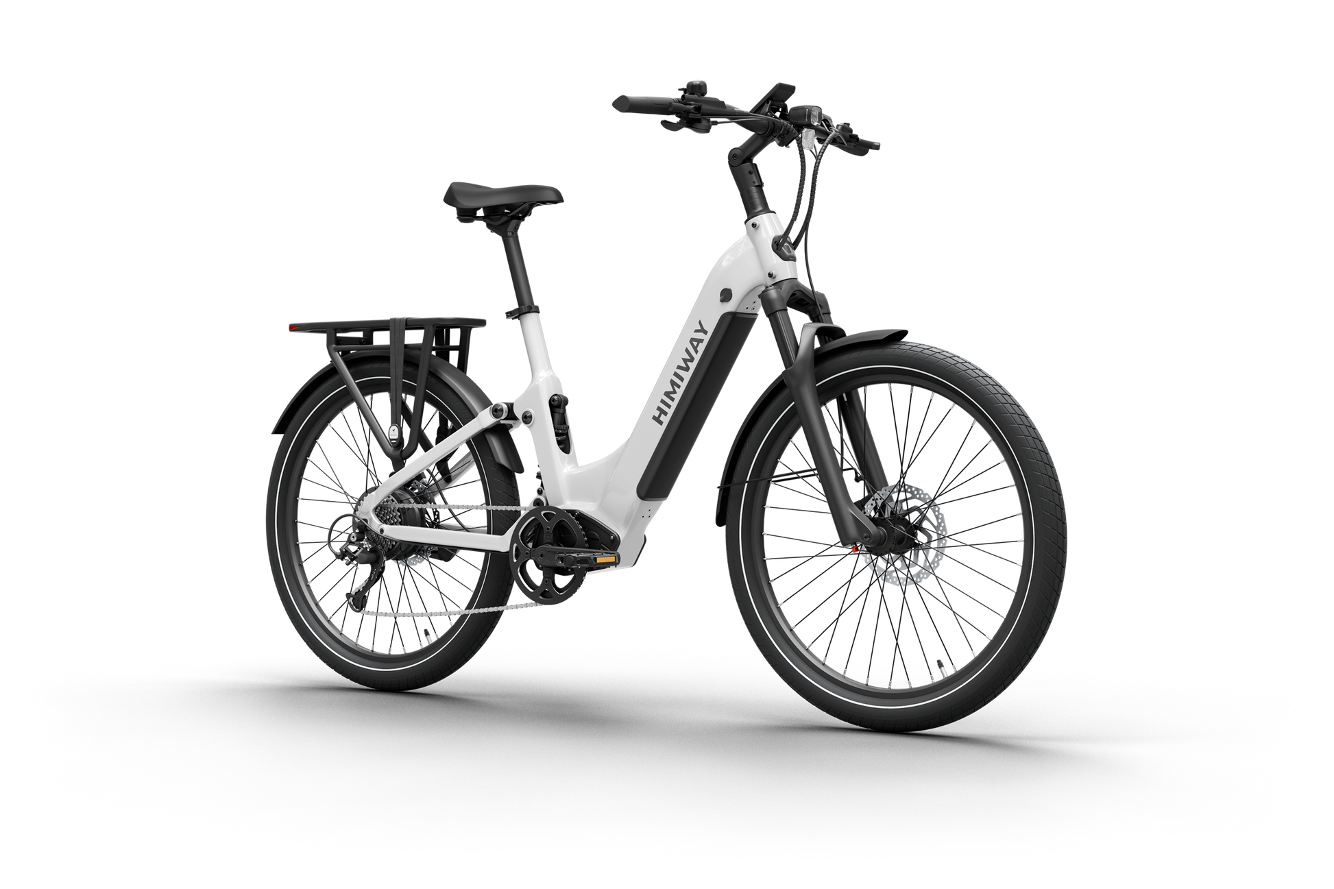 The Himiway - A7 Electric Bike, featuring a white step-through frame and 500W hub motor, includes a long-range battery, rear cargo rack, and front suspension fork, elegantly displayed against a black backdrop.