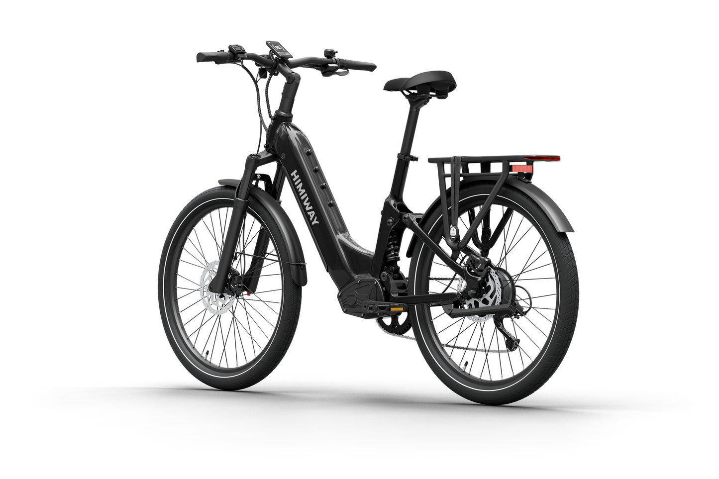 The Himiway A7 Electric Bike, in elegant black, boasts a frame-integrated long-range battery, large wheels, and a rear cargo rack. Its robust 500W hub motor guarantees a smooth ride for all adventures.